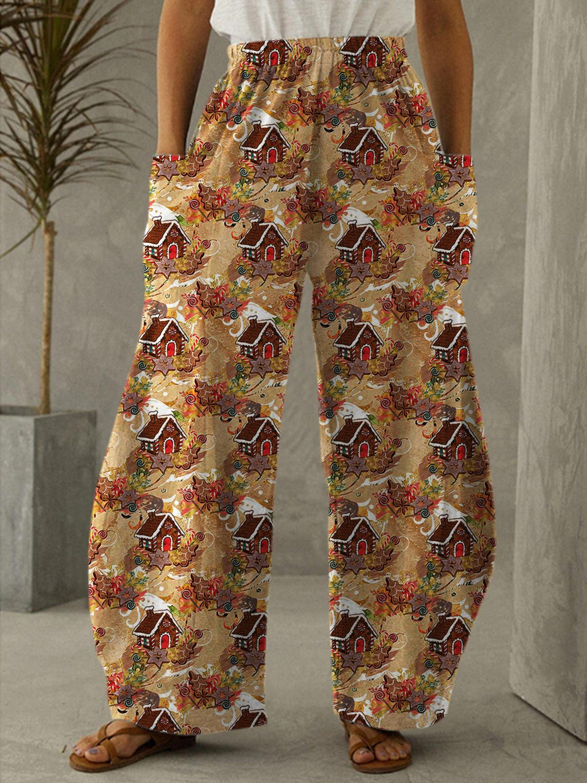 Women's Christmas House Vintage Print Loose Casual Pants