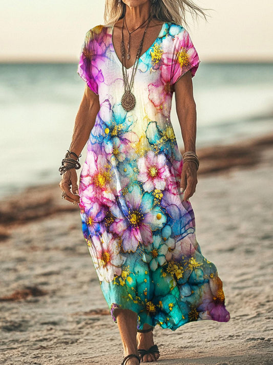 Spring And Summer Colorful Floral V-neck Short Sleeved Long Dress