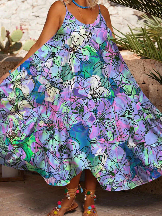 Purple Flower Art Printed Casual Spaghetti Strap Dress