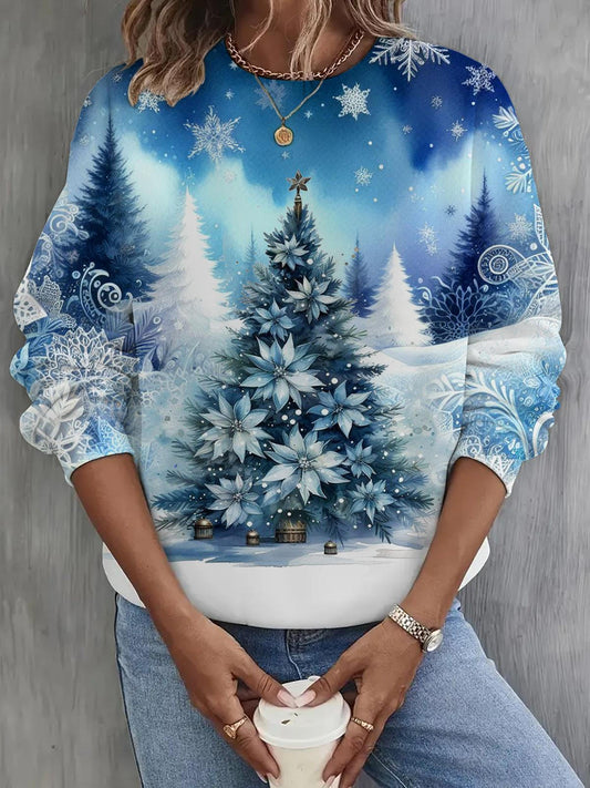 Women's Blue Christmas Long Sleeve Casual Top