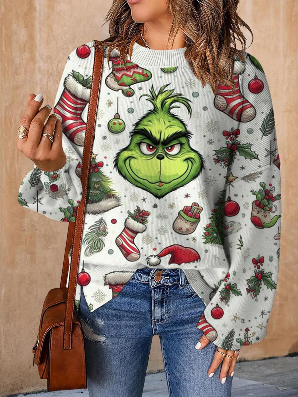 Women's Christmas Idea Drop Shoulder Sleeve Casual Sweater