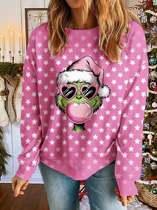 Women's Pink Grichmas Christmas Printed Long Sleeve Casual Top