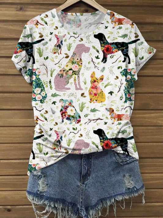 Floral Dog Print Casual T-Shirt