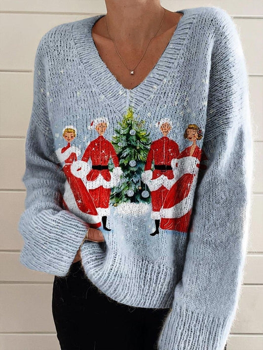 Women's Merry White Christmas Xmas V-neck Casual Sweater