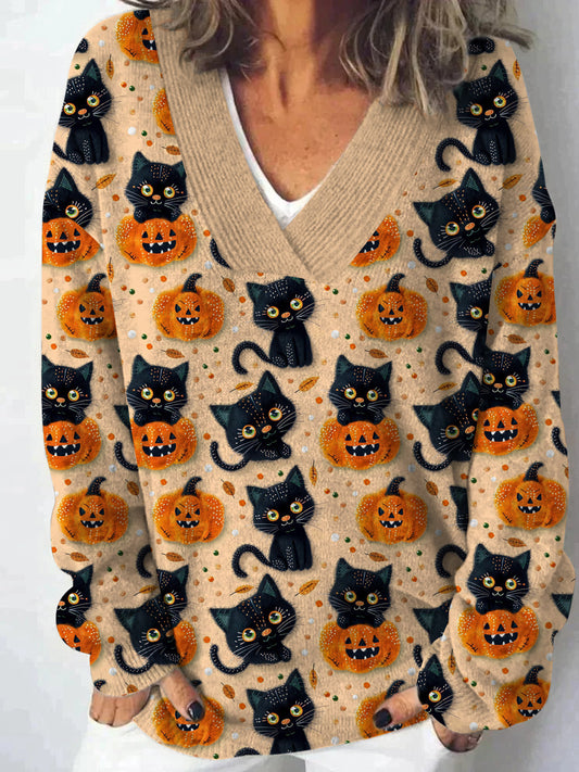 Women's Halloween Cat Pumpkin Print V-neck Casual Sweater