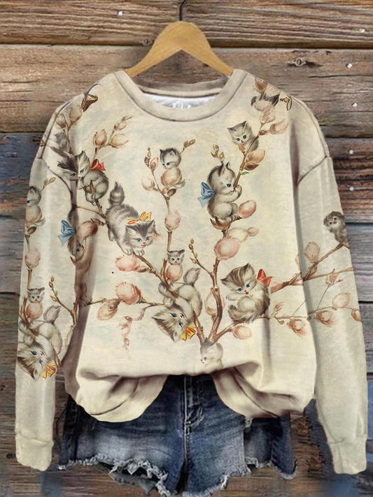 Women's Cute Cat Animal Tree Retro Print Long Sleeve Top