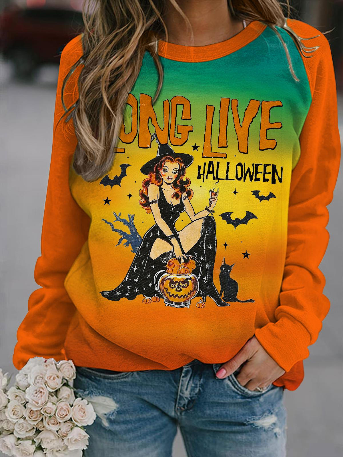 Long live Halloween Pumpkin Witch Gradient Print Long Sleeve Top