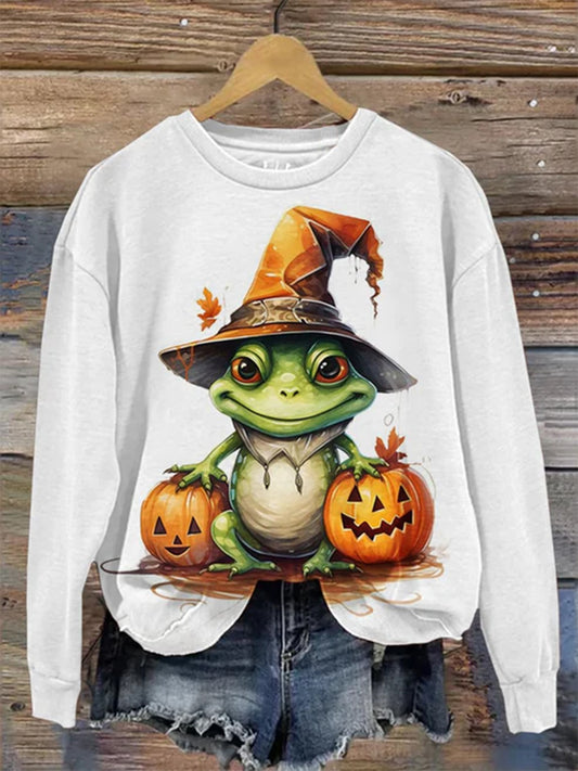 Women's Halloween Frog Funny Print Round Neck Long Sleeve Top