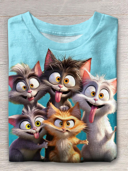 Cute Quirky Kitten Print Crew Neck T-shirt