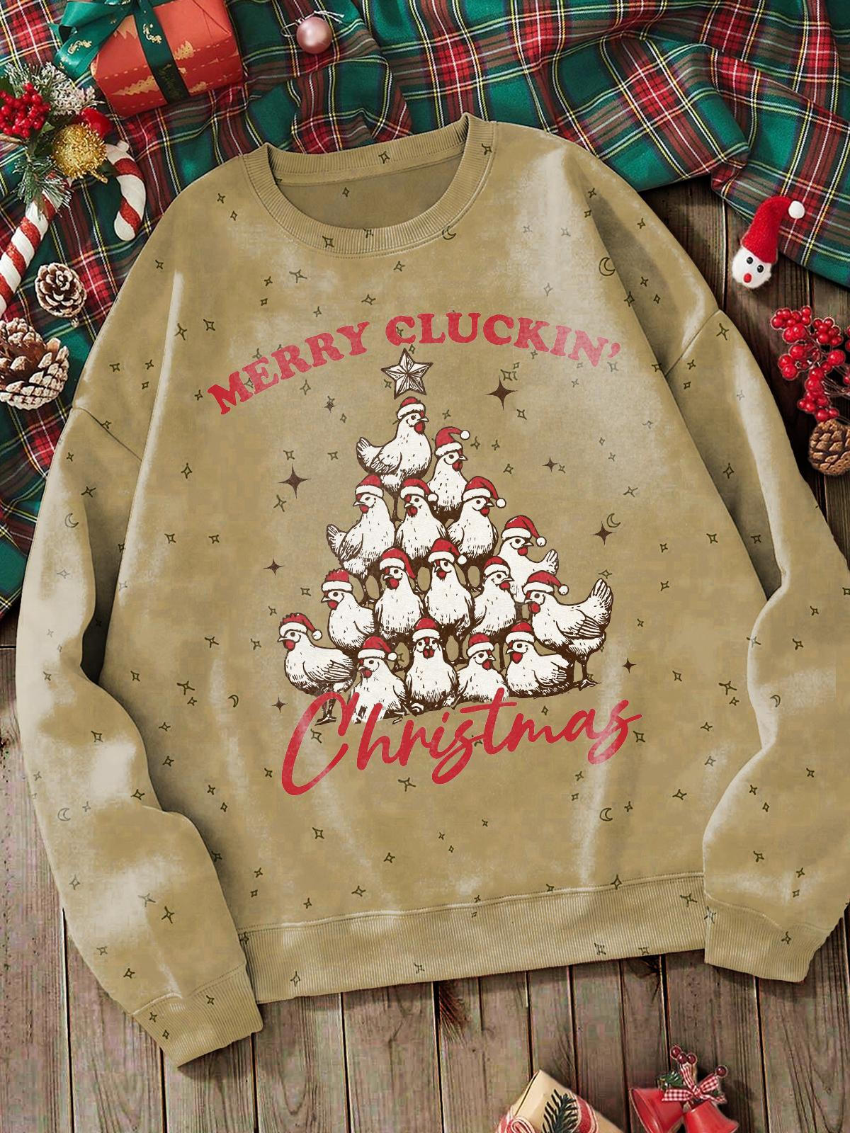 Merry Cluckin Christmas Chicken Print Long Sleeve Top