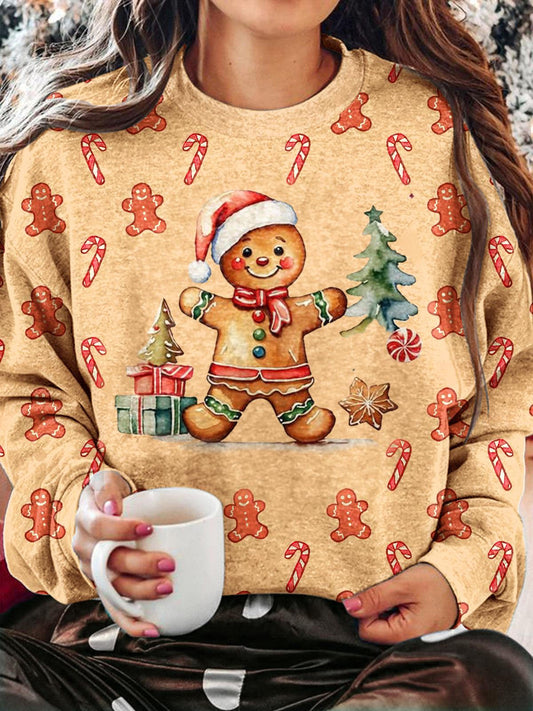 Women's Merry Christmas Gingerbread Man Print Crew Neck Casual Sweatshirt