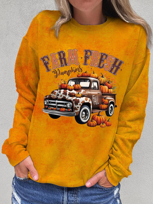 Women's Farm Fresh Pumpkins Print Round Neck Long Sleeve Top