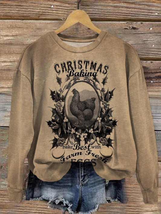 Women's Christmas Retro Chicken Round Neck Long Sleeve Top