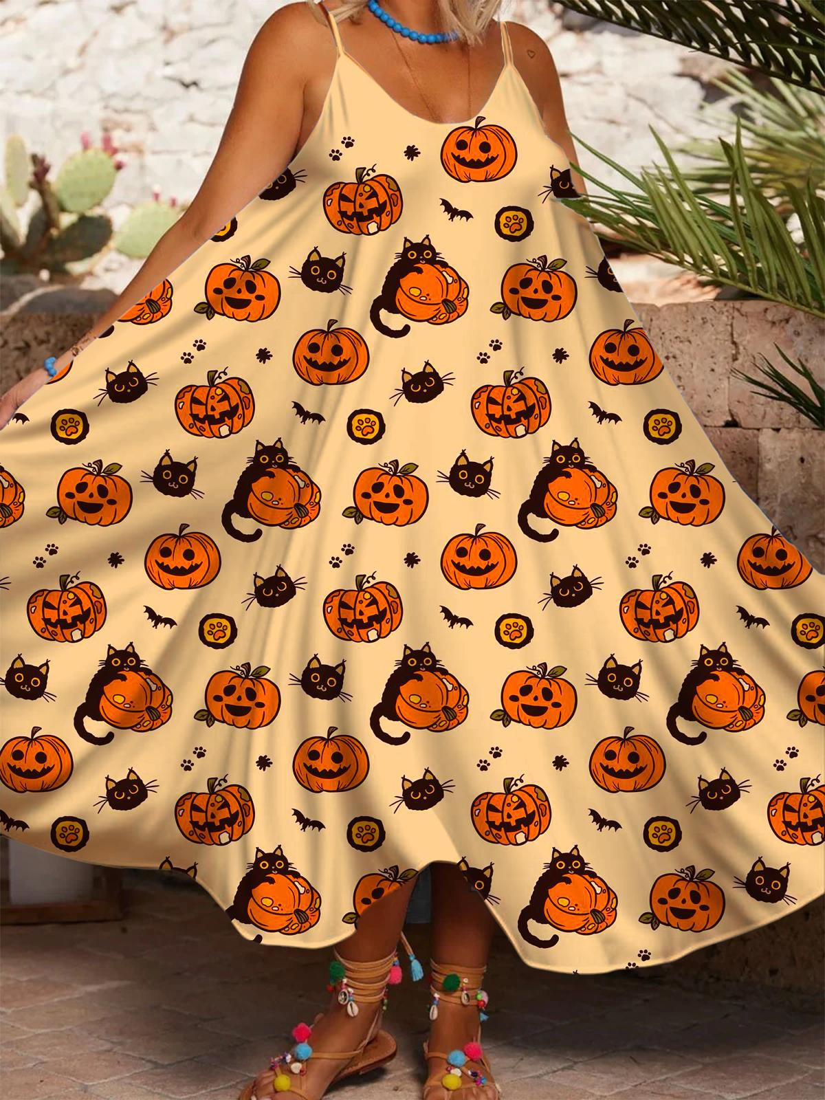 Women's Halloween Allover Printed Pumpkin Kitten Printed Casual Spaghetti Strap Dress