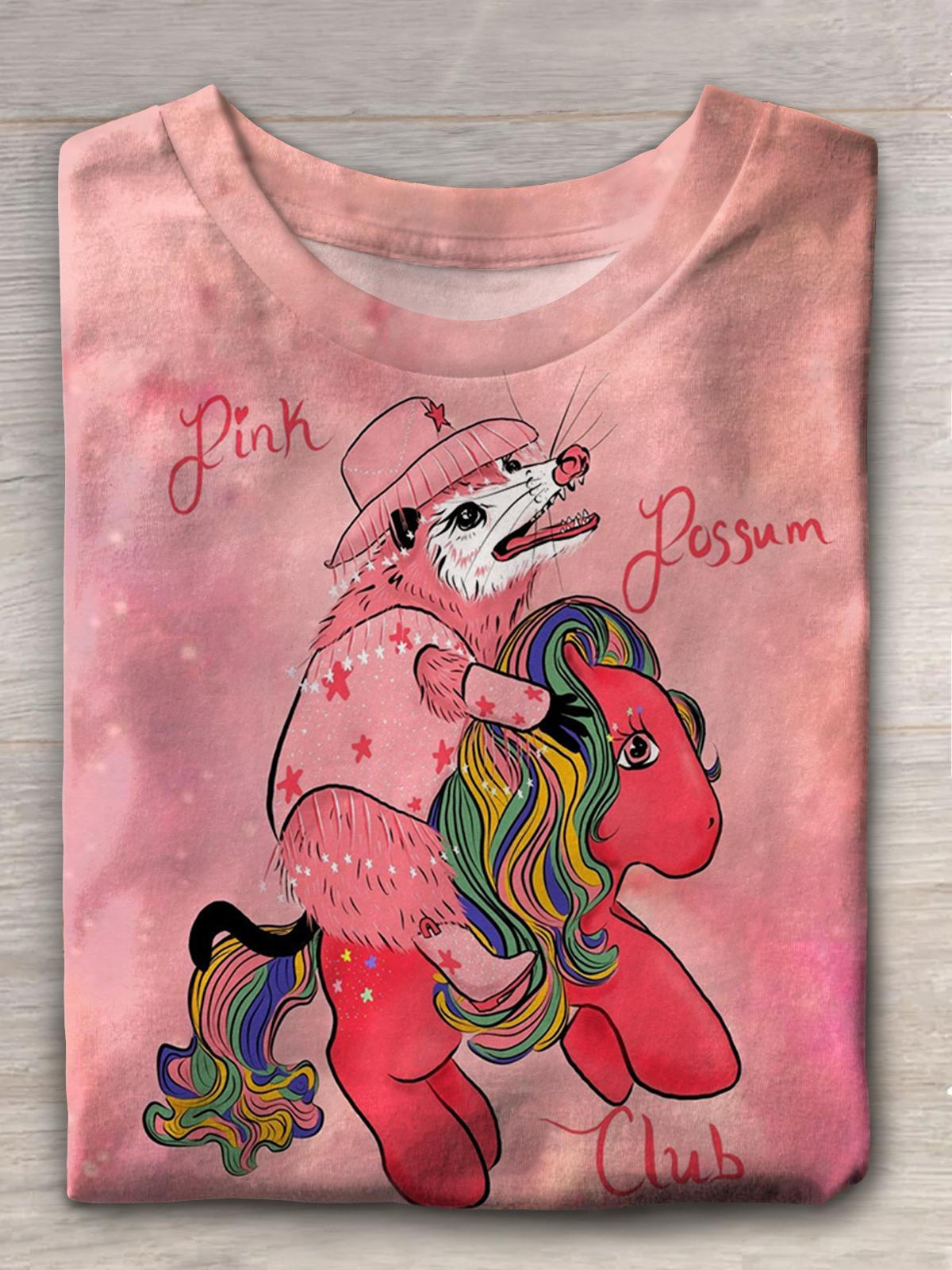 Women's Pink Possum Club Western Denim Print Casual T-shirt