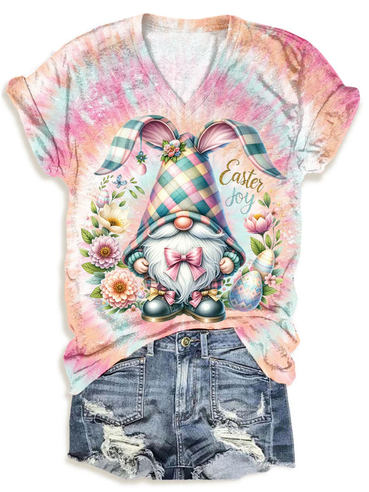 Easter Bunny Gnome Tie Dye V-neck T-Shirt