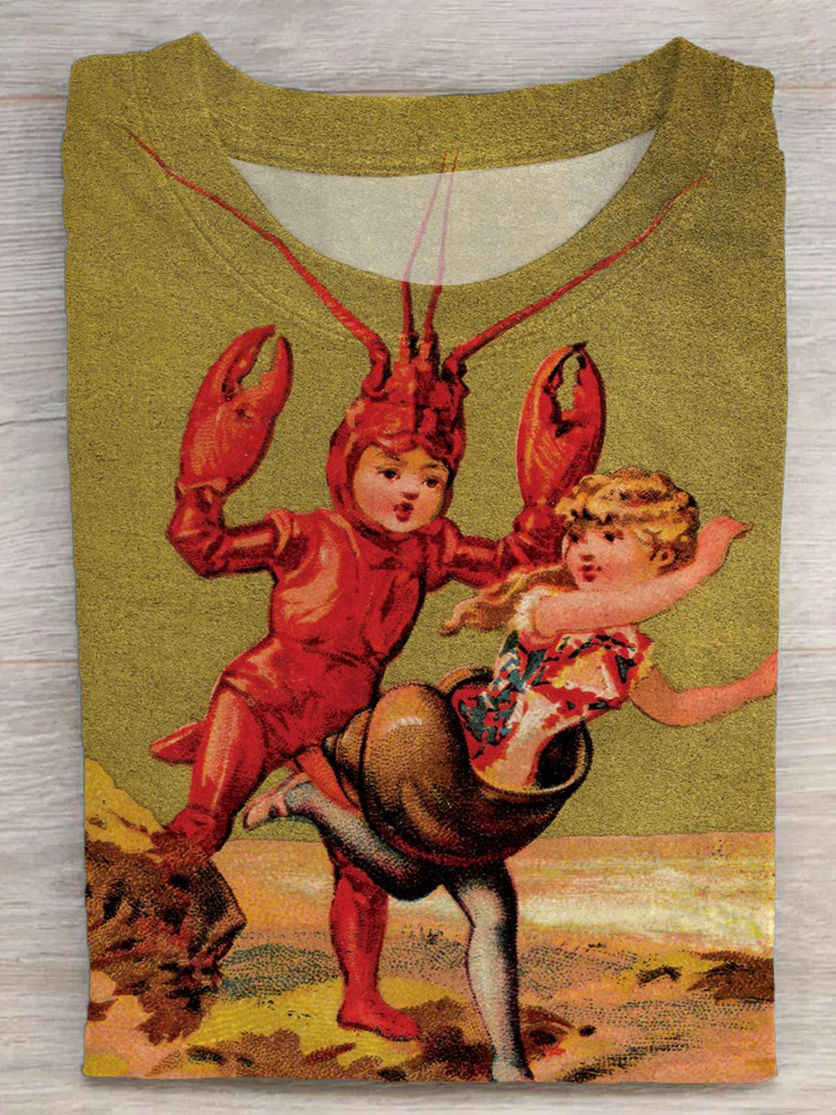 Lobster Boy Meets Escargot Girl Antique French Print T-shirt