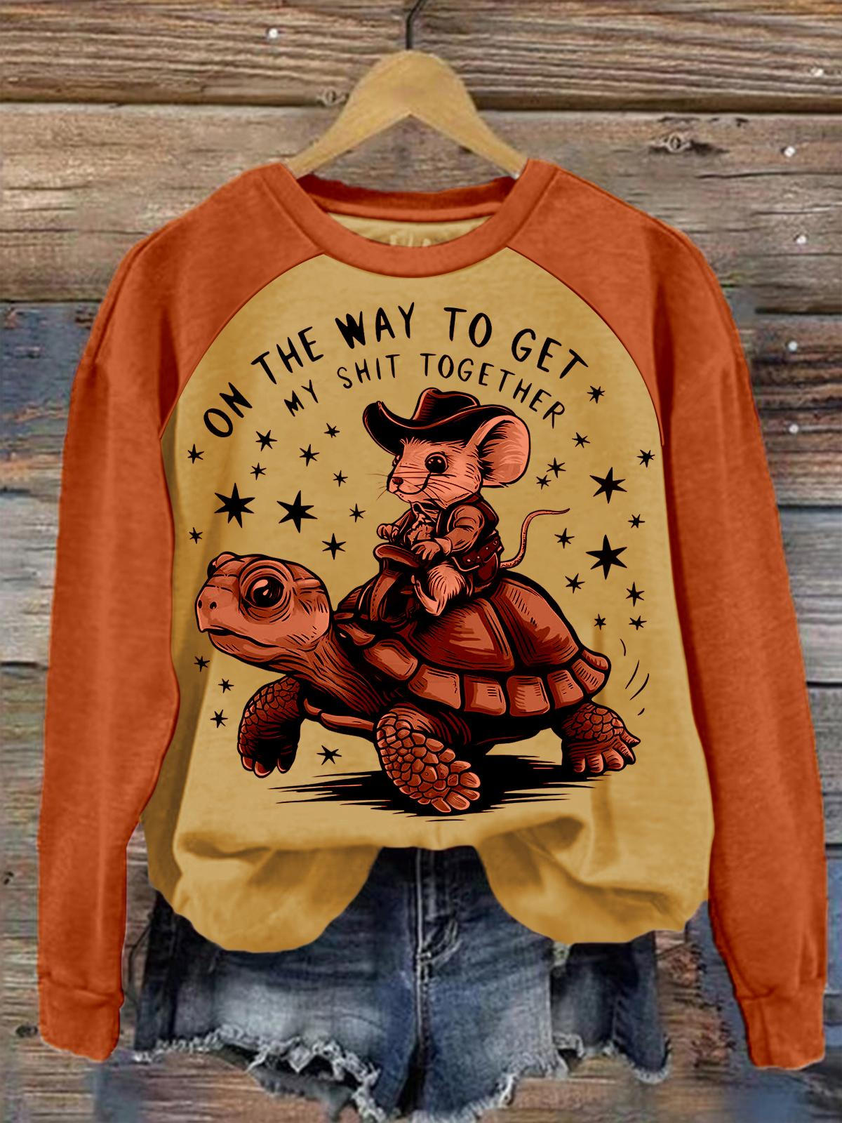 On The Way To Get Mouse Raglan Sleeve Vintage Print Top