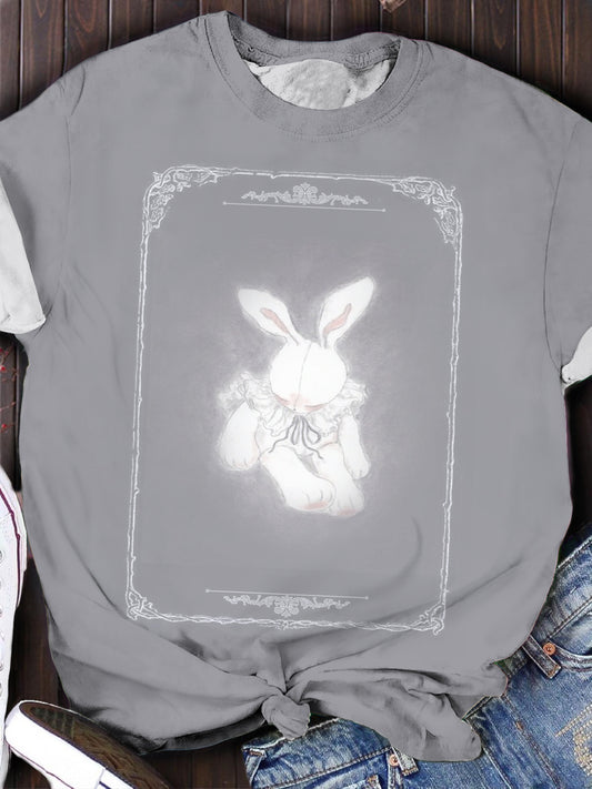 Women's Rabbit Book Print Round Neck Short Sleeve T-Shirt