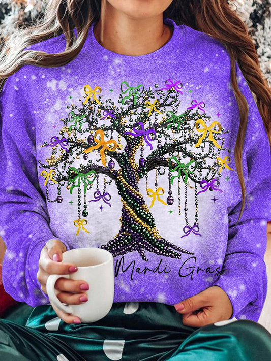 Happy Mardi Gras Pearl Tree Butterfly Print Casual Long Sleeve Top