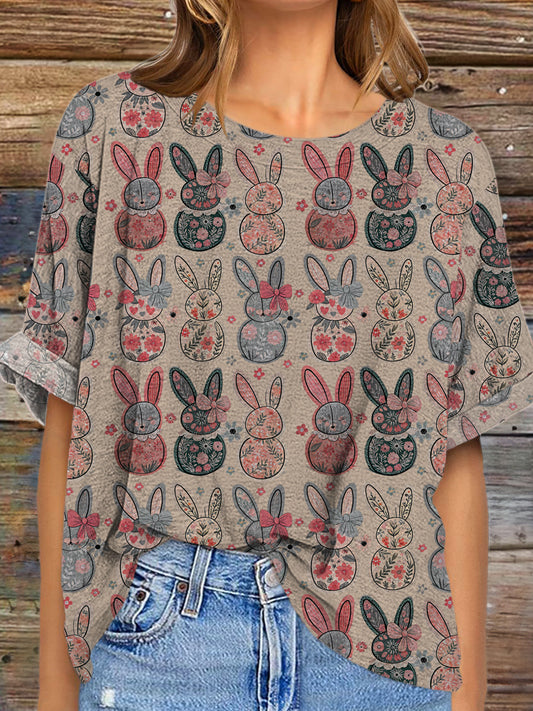 Retro Easter Bunny Floral Round Neck Drop Shoulder Short Sleeve T-shirt