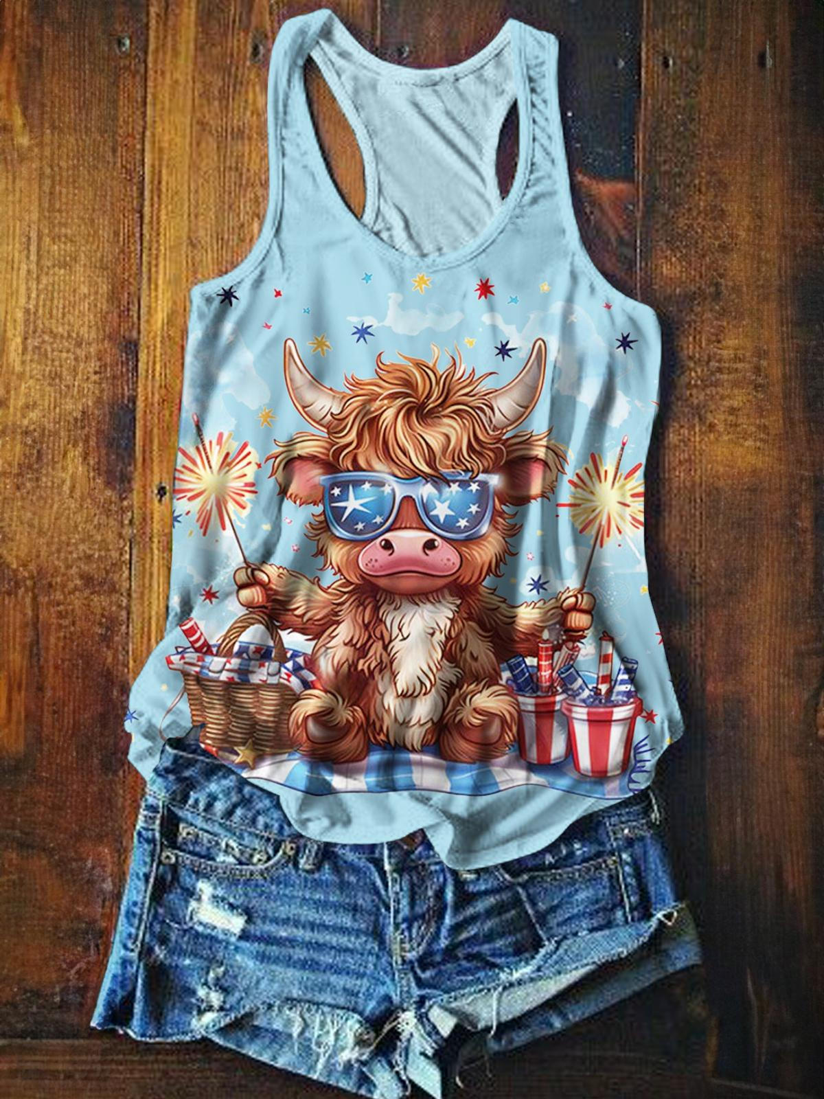 4th Of July Highland Cow Print Casual Tank Top