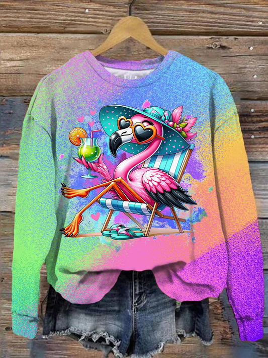 Women's Flamingo Holiday Painted Print Long Sleeve Top