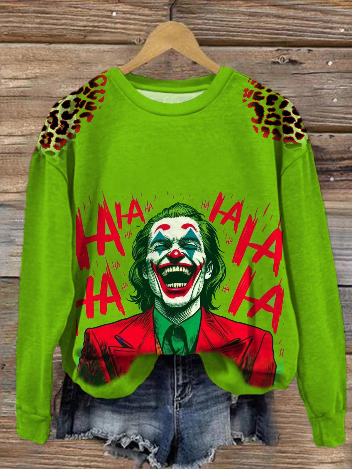 Leopard HAHAHA Joker Round Neck Long Sleeve Top