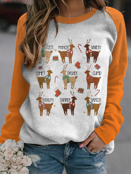 Retro Christmas Reindeer Long Sleeve Casual Top