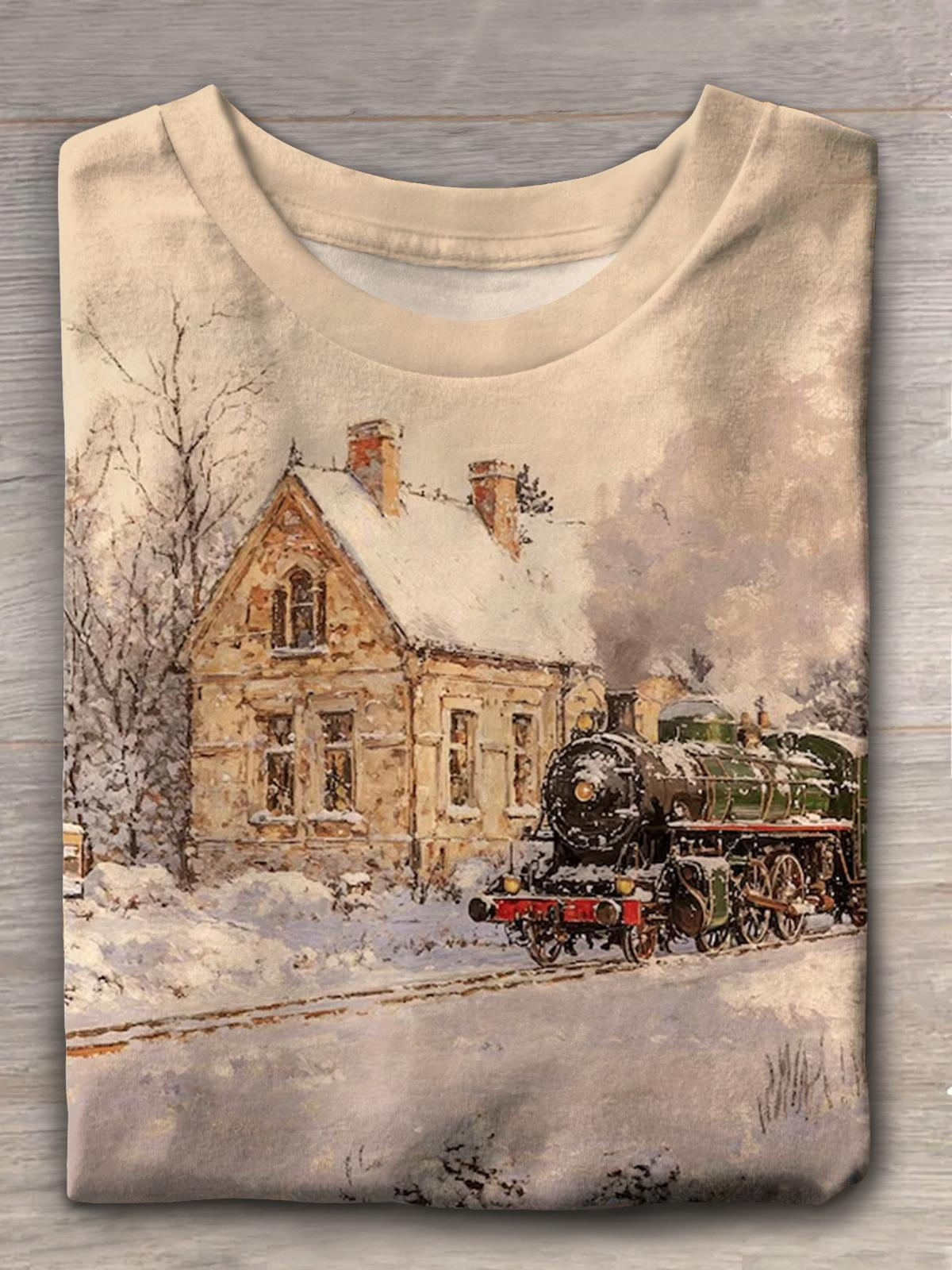 Train Landscape Painting Christmas T-shirt