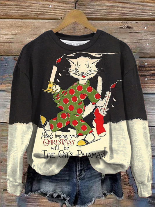 Women's Christmas Fun Cat Print Crew Neck Top