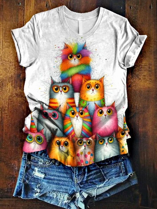 Cute Rainbow Cat Illustration Print Casual T-shirt