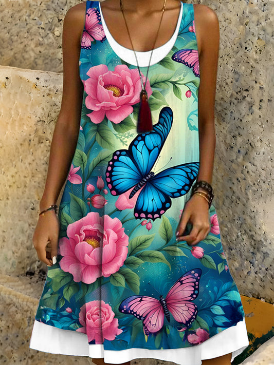 Butterfly Flowers Ladies False Two Dress