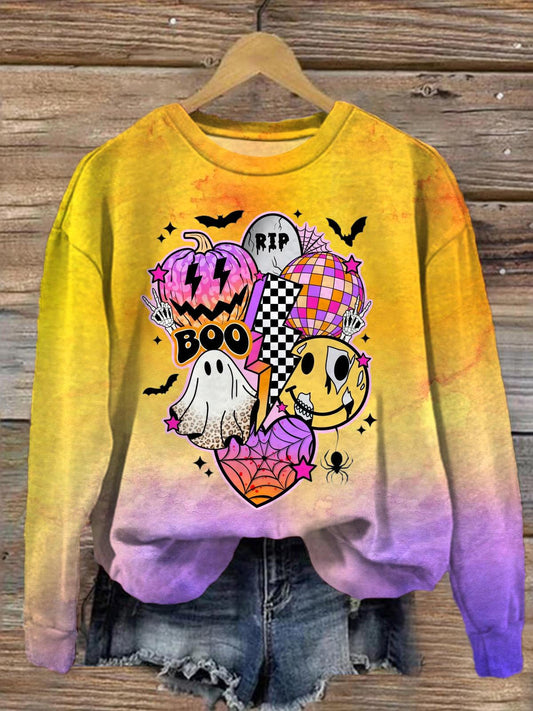 Women's Retro Halloween Graphic Round Neck Long Sleeve Top