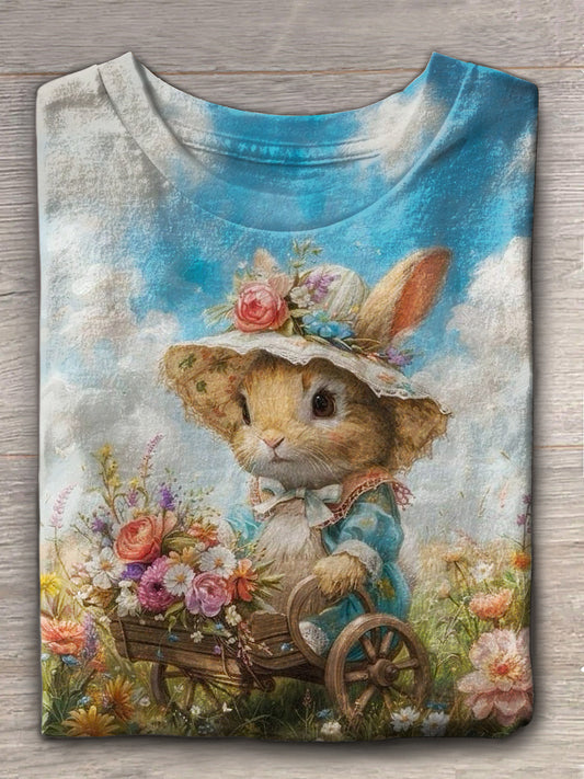 Cute Rabbit Wearing A Wreath Crew Neck T-shirt