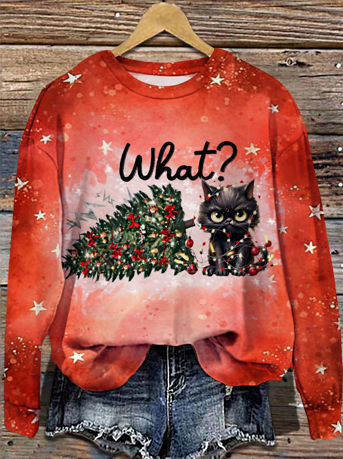 Women's Funny What Kitten Christmas Tree Round Neck Long Sleeve Top