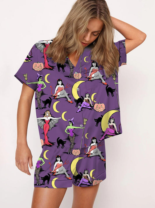 Women's Vintage Halloween Witch Satin Pajama Set