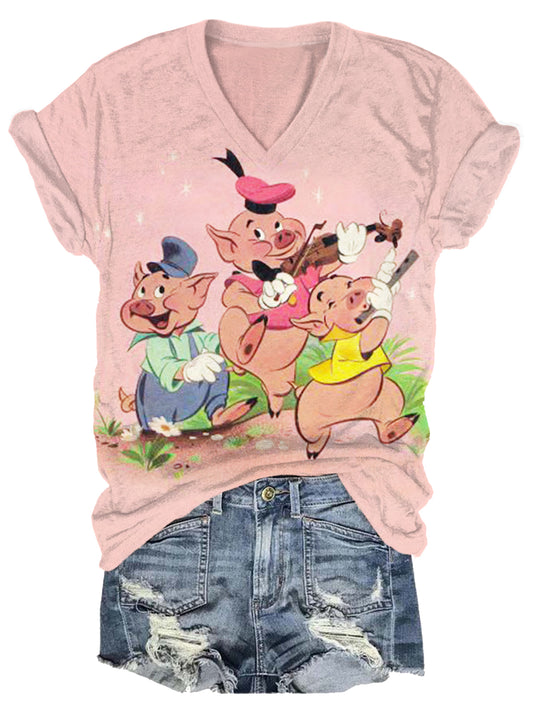 Three Little Pigs Concert Happy Childhood Vintage Print Casual T-shirt