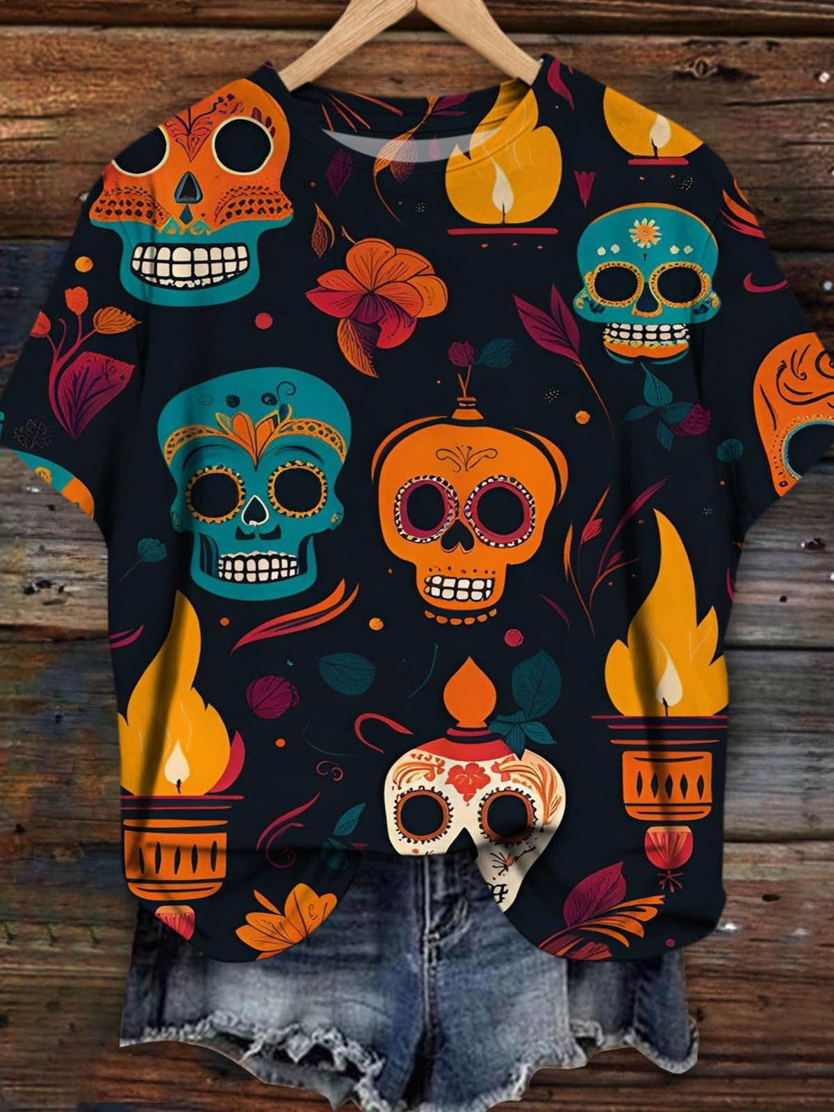 Women's Day of the Dead Fun Print Crew Neck T-Shirt