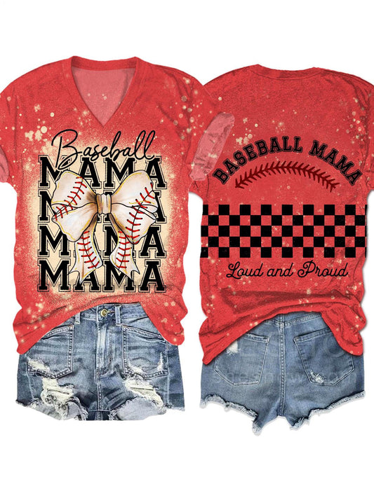 Baseball Mama Cute Bow Tie Dye Print Casual T-shirt