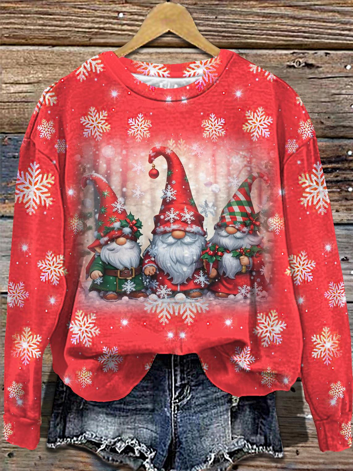 Women's Christmas Gnome Round Neck Long Sleeve Top