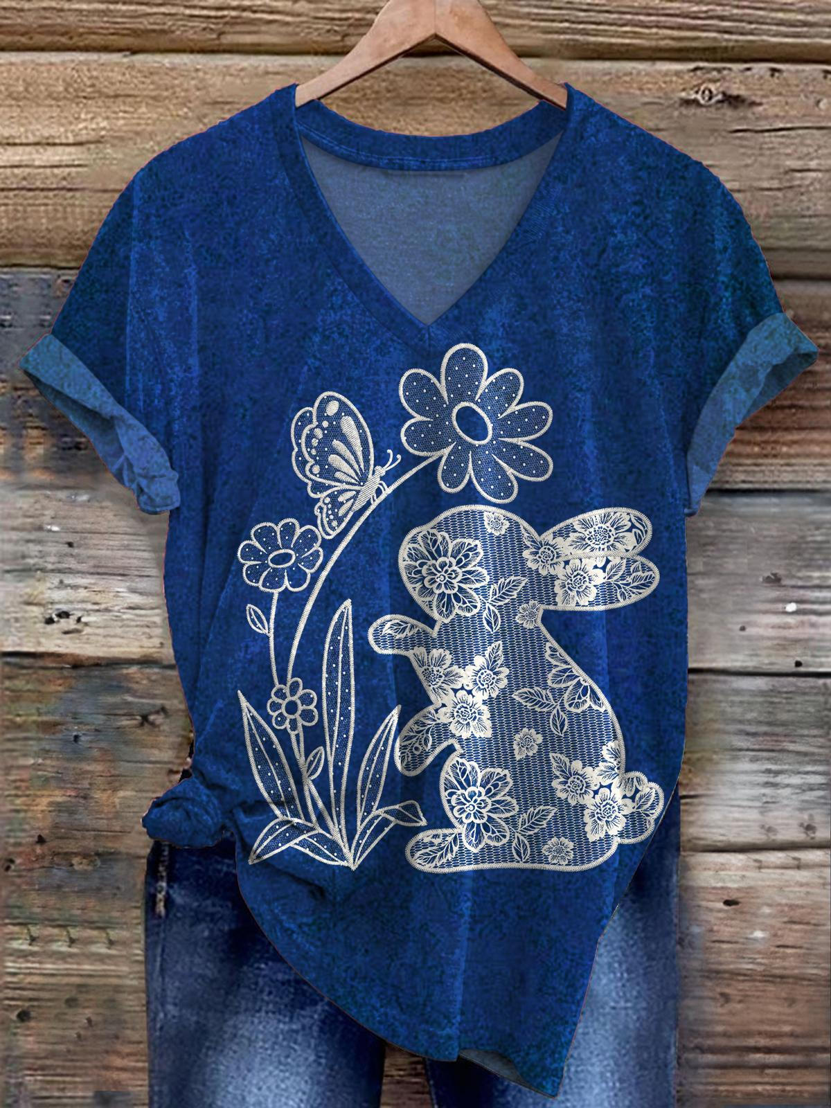 Easter Day Cute Rabbit Faux Lace Casual Holiday Print T-shirt