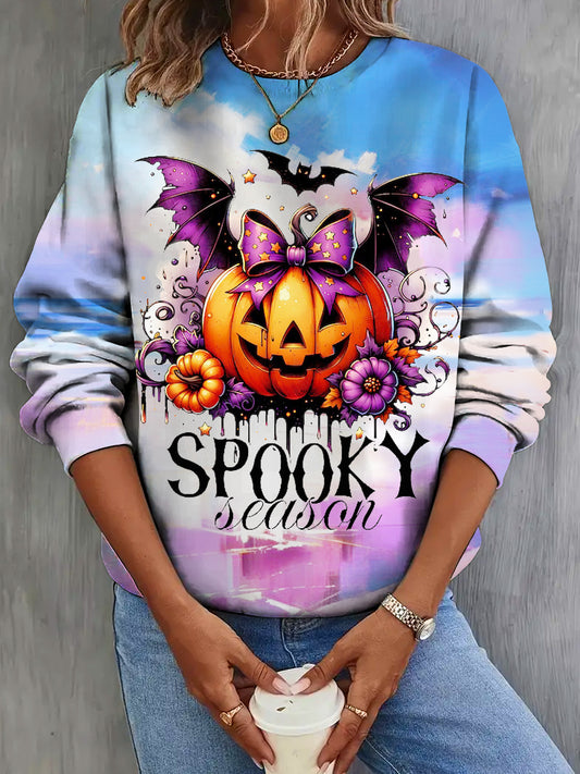 Women's Halloween Pumpkin Spooky Season Print Crew Neck Casual Top