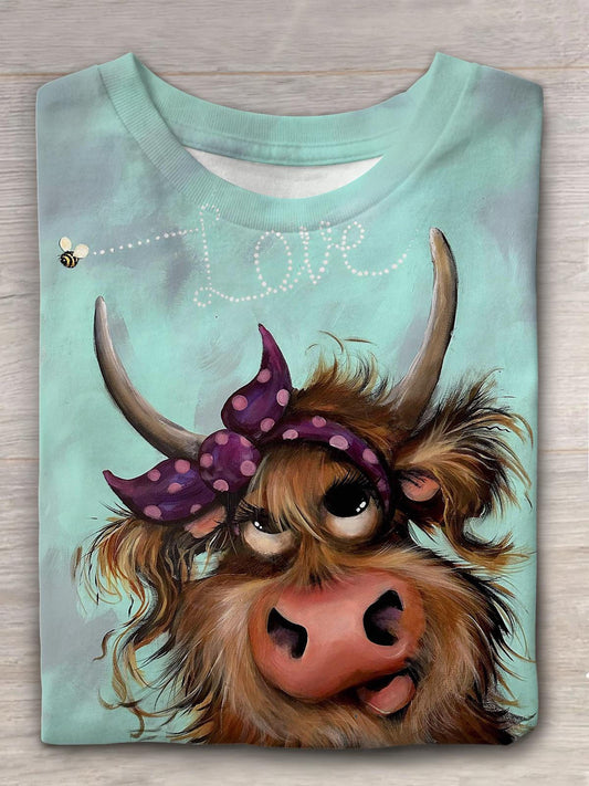 Highland Cow Print Round Neck Short Sleeve T-Shirt