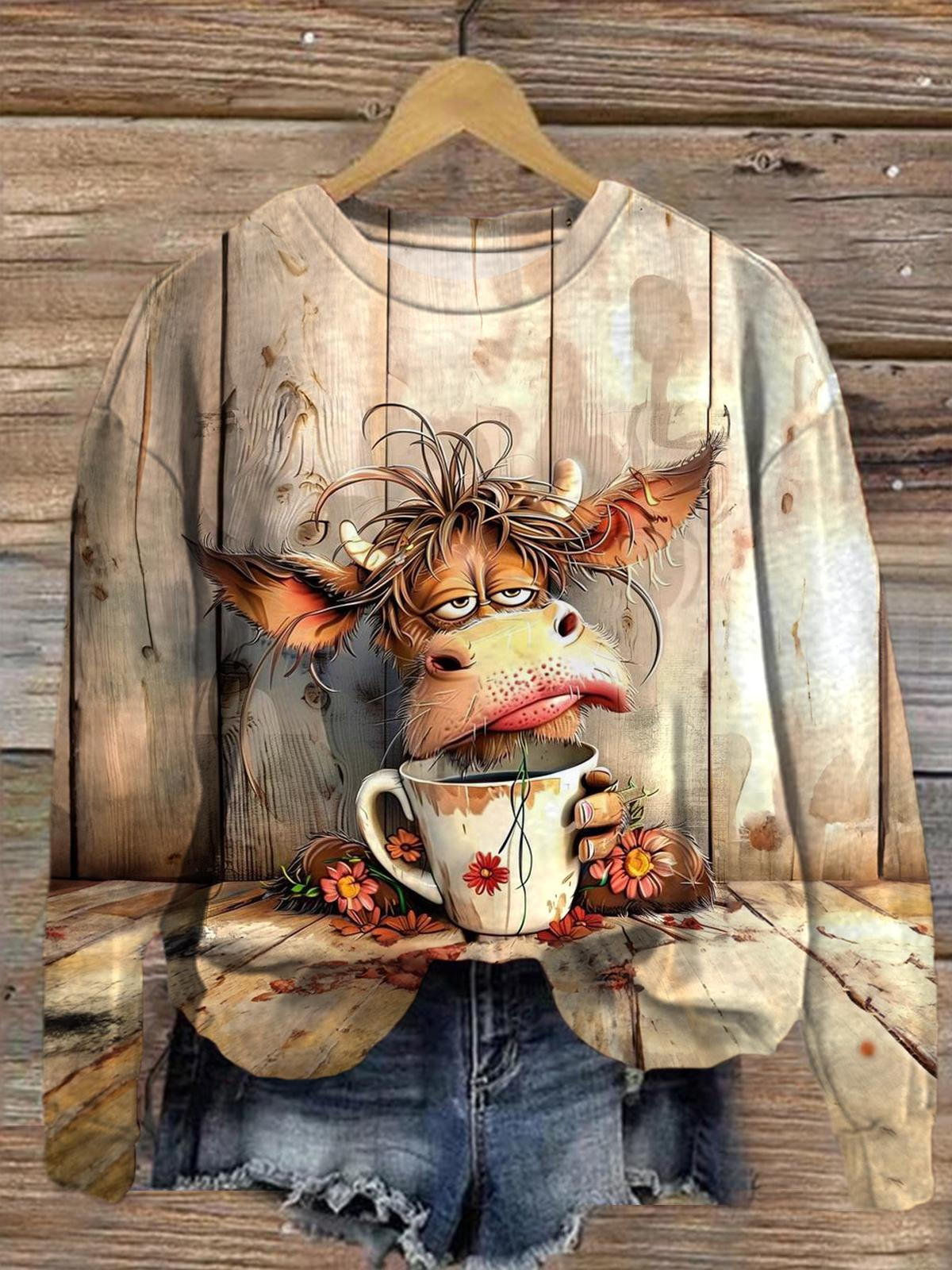 Women's Funny Cow Round Neck Long Sleeve Top