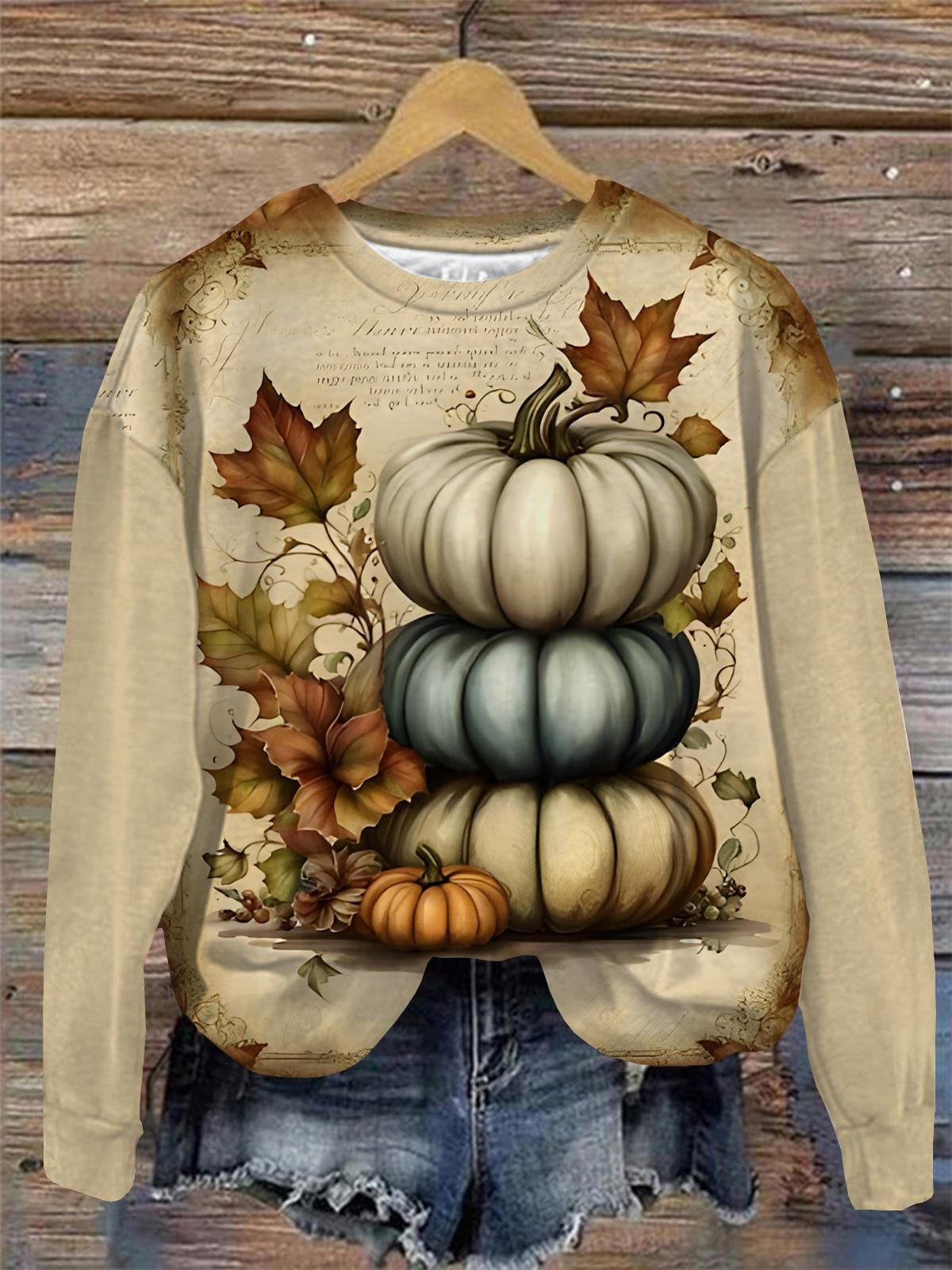 Vintage Pumpkin Print Round Neck Long Sleeve Top