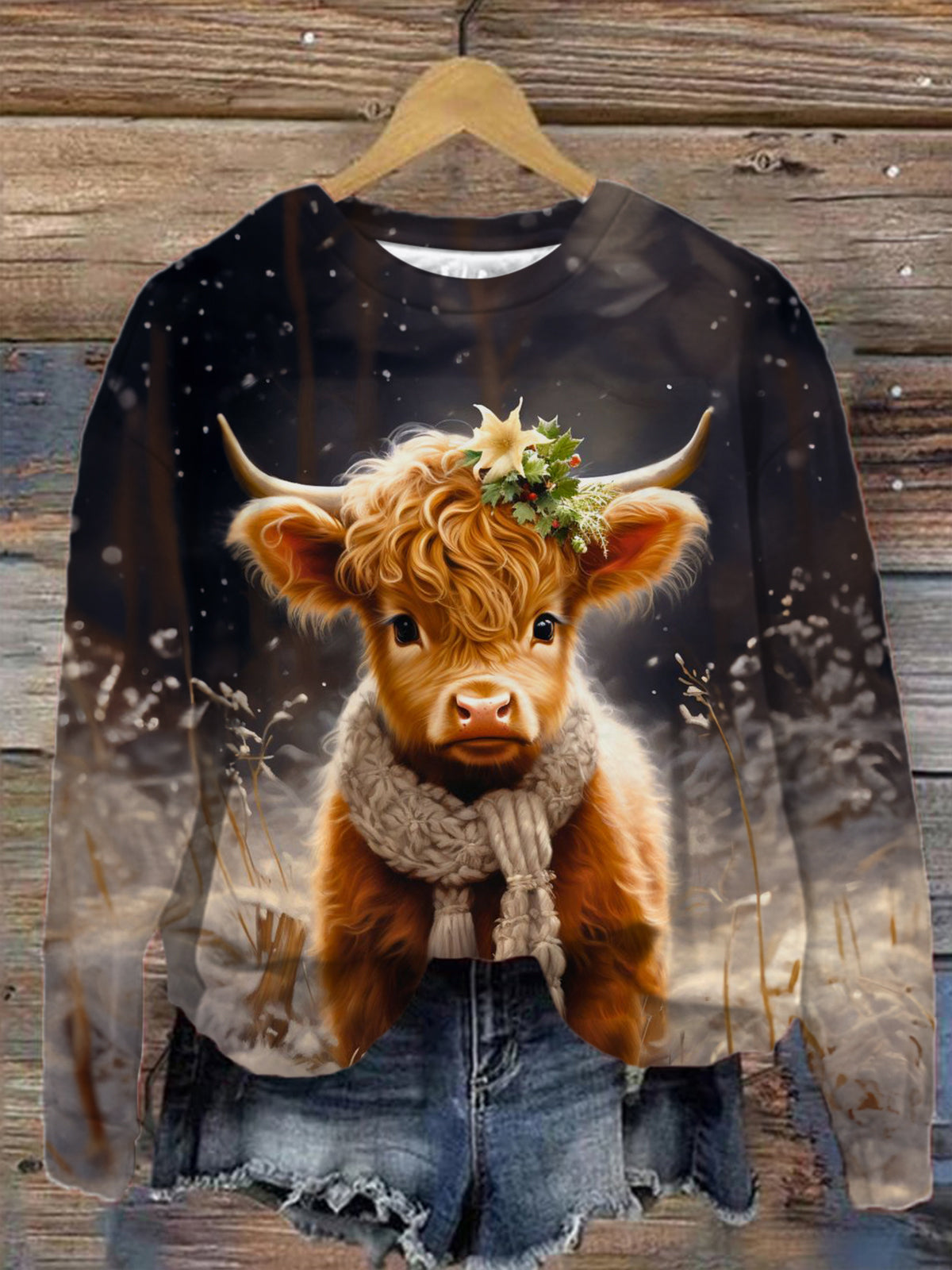 Poinsettia Baby Highland Cow Long Sleeve Top