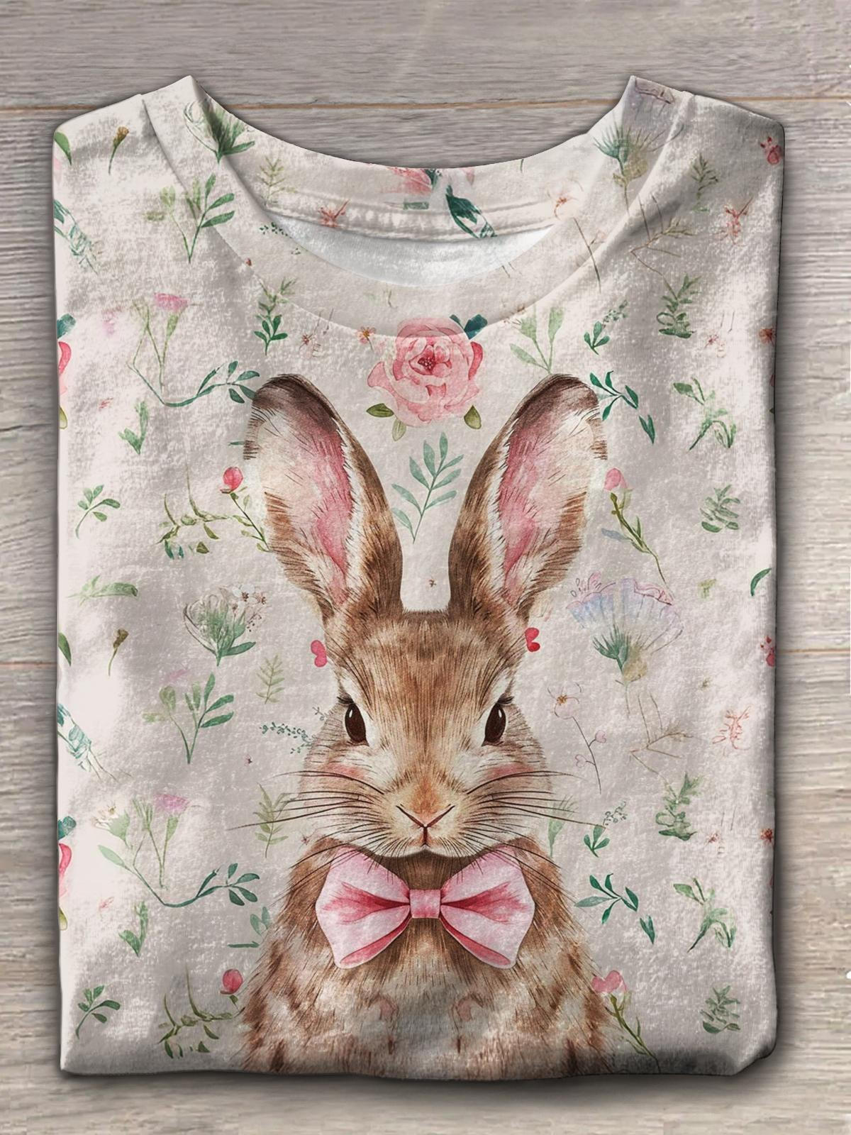 Cute Bunny Floral Easter Crew Neck T-shirt