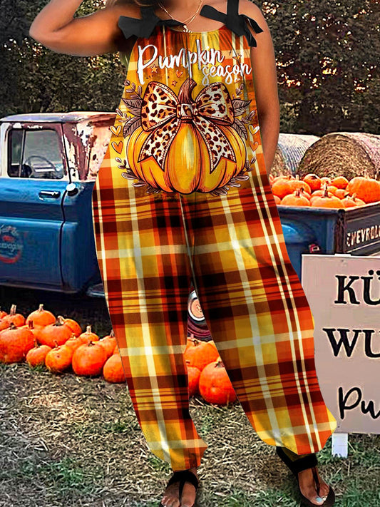 Women's Autumn Leopard Print Pumpkin Striped Red and Yellow Pattern Print Jumpsuit