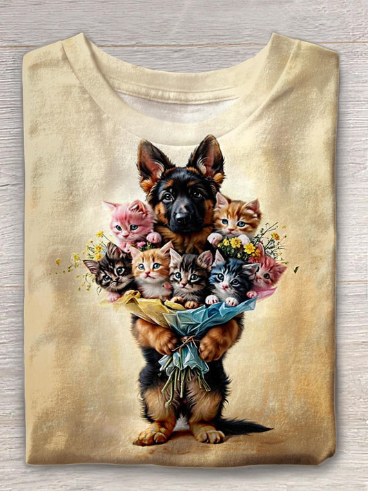 Cute Puppy Flowers Kitten Print Crew Neck T-shirt